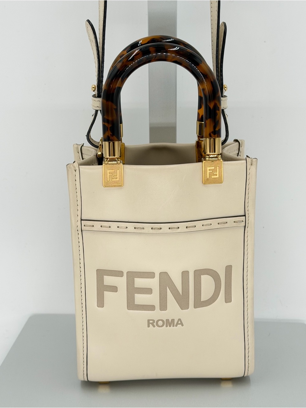 Authentic Fendi Mini Sunshine Shopper Ivory Leather Crossbody Bag w/Entrupy COA